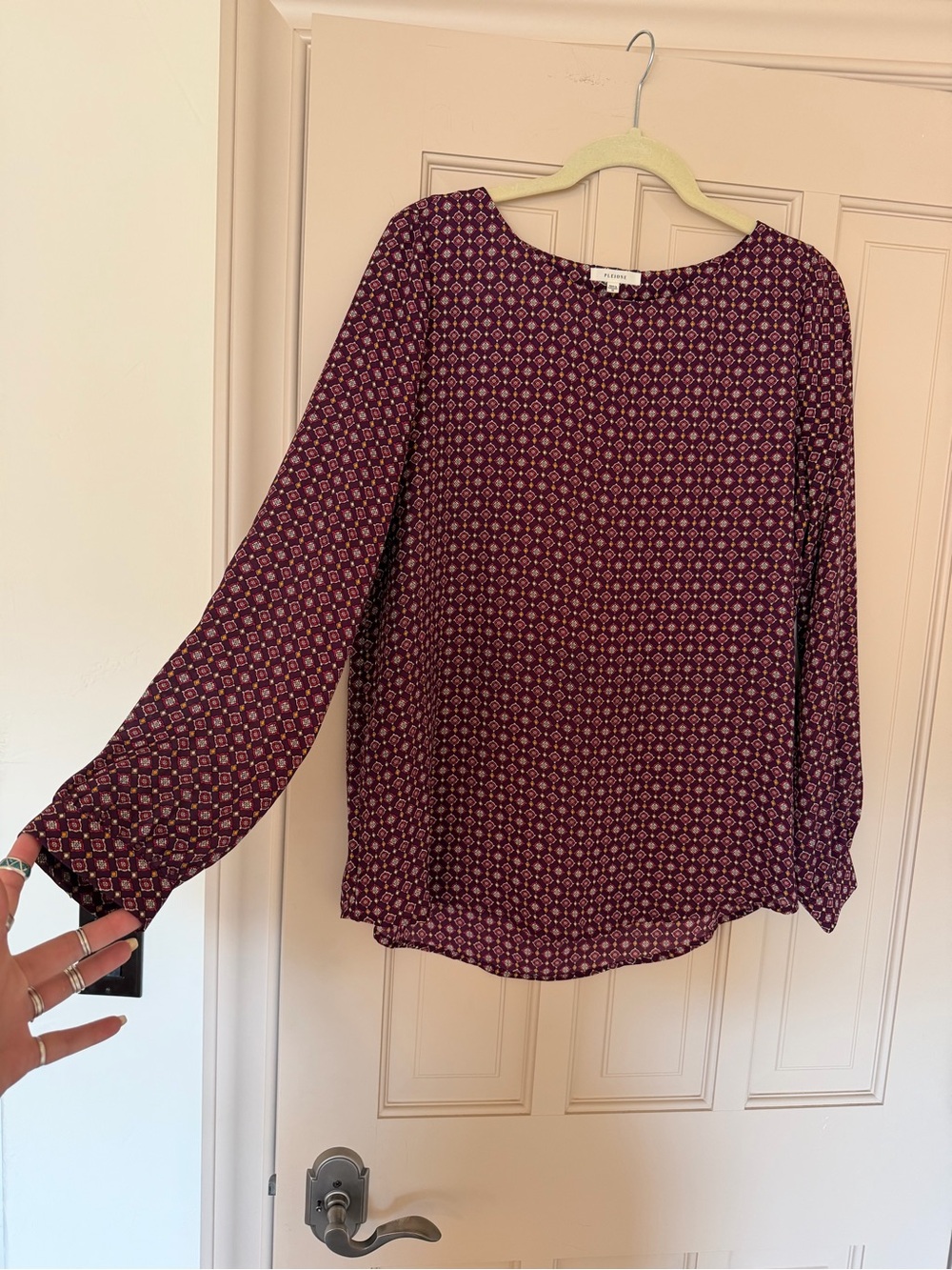 Pleione Burgundy Patterned Long-Sleeve Blouse
